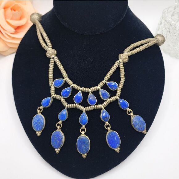 Rare Afghan Lapis lazuli Tibetan silver bib necklace - Picture 1 of 14